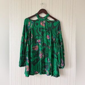Free People Green Floral Cutout Long Sleeve Blouse